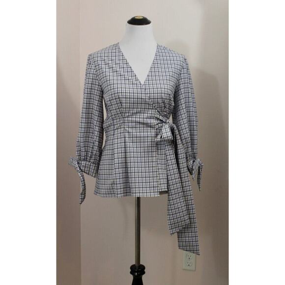 PEARL by LELA ROSE Sz XS Purple Check Plaid Wool Wrap Top Blouse - Picture 1 of 7